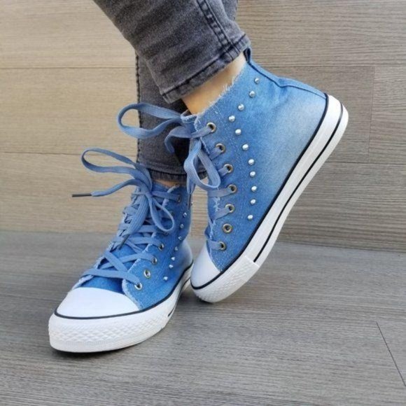 Jean High Top Fashion Sneakers W/ Metal Studs - Picture 6 of 8